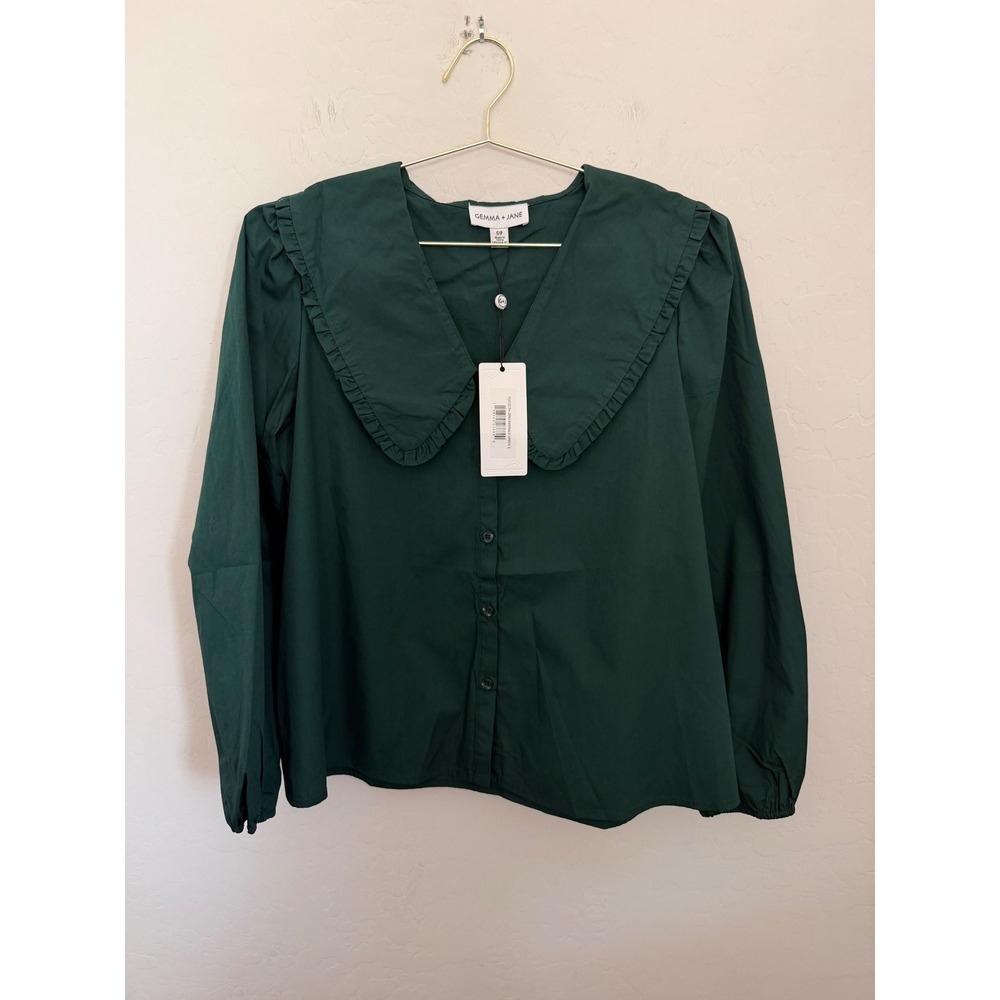 Gemma + Jane Grern Cotton Ruffle Peter Pan Collar Dark Academia  Blouse S NWT